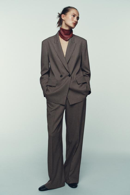 ZARA ПРЯМЫЕ БРЮКИ В КЛЕТКУ С ПОЯСОМ, КОРИЧНЕВЫЙ /ЭКРЮ