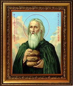 В раме.	Прохор Печерский Преподобный Лебедник. Икона на холсте.