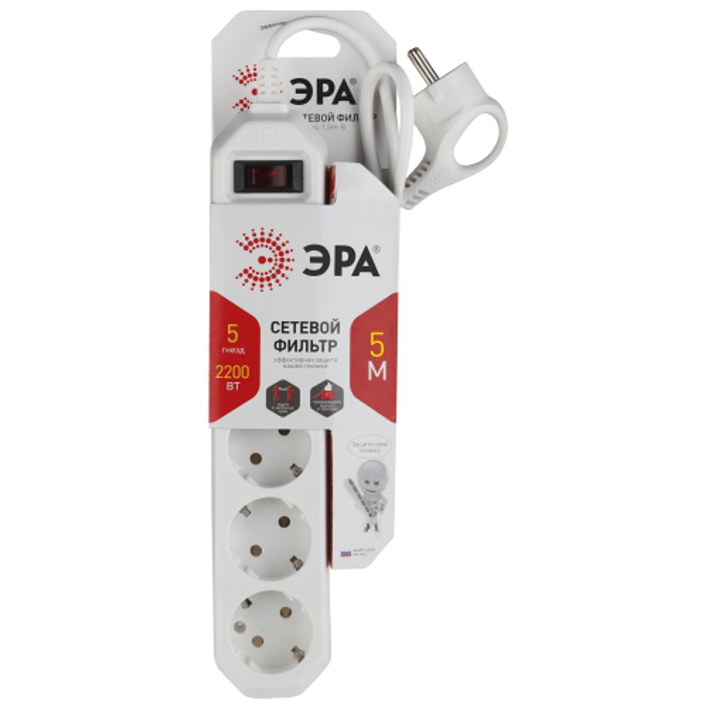 Сетевой фильтр ЭРА USF-5es-5m-W с базовой защитой с заземлением с выключателем 5 розеток 5м 10А белый | Сетевые фильтры