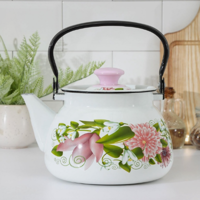 Чайник, 3 л, эмалированная сталь, рисунок МИКС, белый