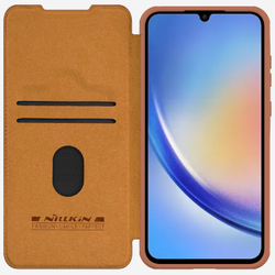 Кожаный чехол книжка коричневого цвета от Nillkin для Samsung Galaxy A55 5G, серия Qin Pro Leather с защитной шторкой для камеры