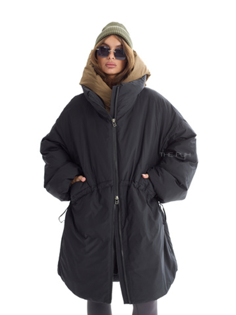 Черно-оливковый длинный пуховик с капюшоном