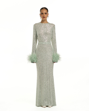 Платье Persimmon (Персимон) пайеточное с перьями на рук., мятное