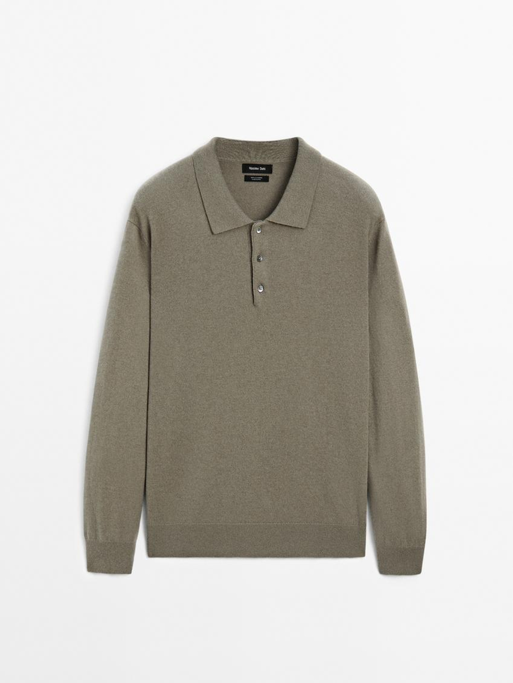 Massimo Dutti Свитер из 100% кашемира с воротником-поло, светлый хаки