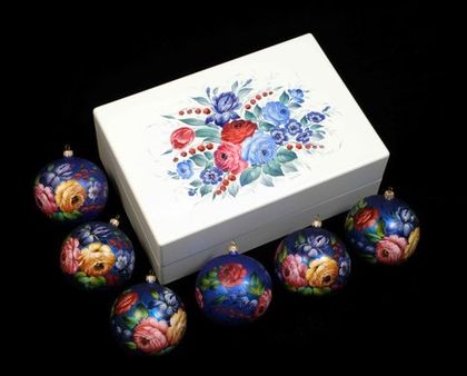 Zhostovo Christmas balls in wooden box - set of 6 balls SET04D-667785777