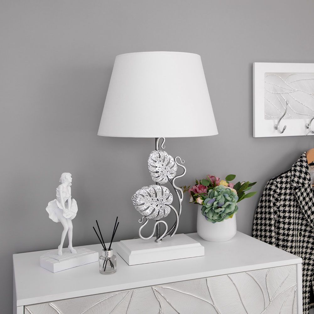 Настольная лампа Monstera Deliciosa (Монстера) Айс Античное серебро с абажуром Сити Белый