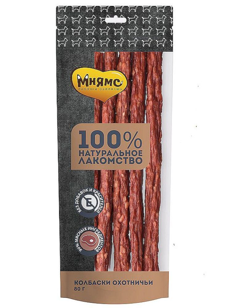 Лакомство Мнямс для собак, Колбаски охотничьи, упаковка 80г (УЦЕНКА) Лакомство Мнямс для собак, Колбаски охотничьи, упаковка 80г (УЦЕНКА)