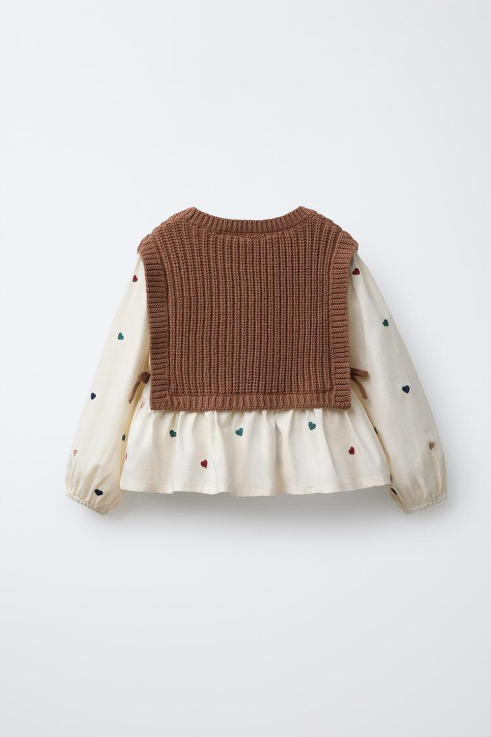 ZARA РУБАШКА С ВЫШИВКОЙ «СЕРДЦА» И ТРИКОТАЖНЫМ ЖИЛЕТОМ, РЫЖЕВАТО-КОРИЧНЕВЫЙ