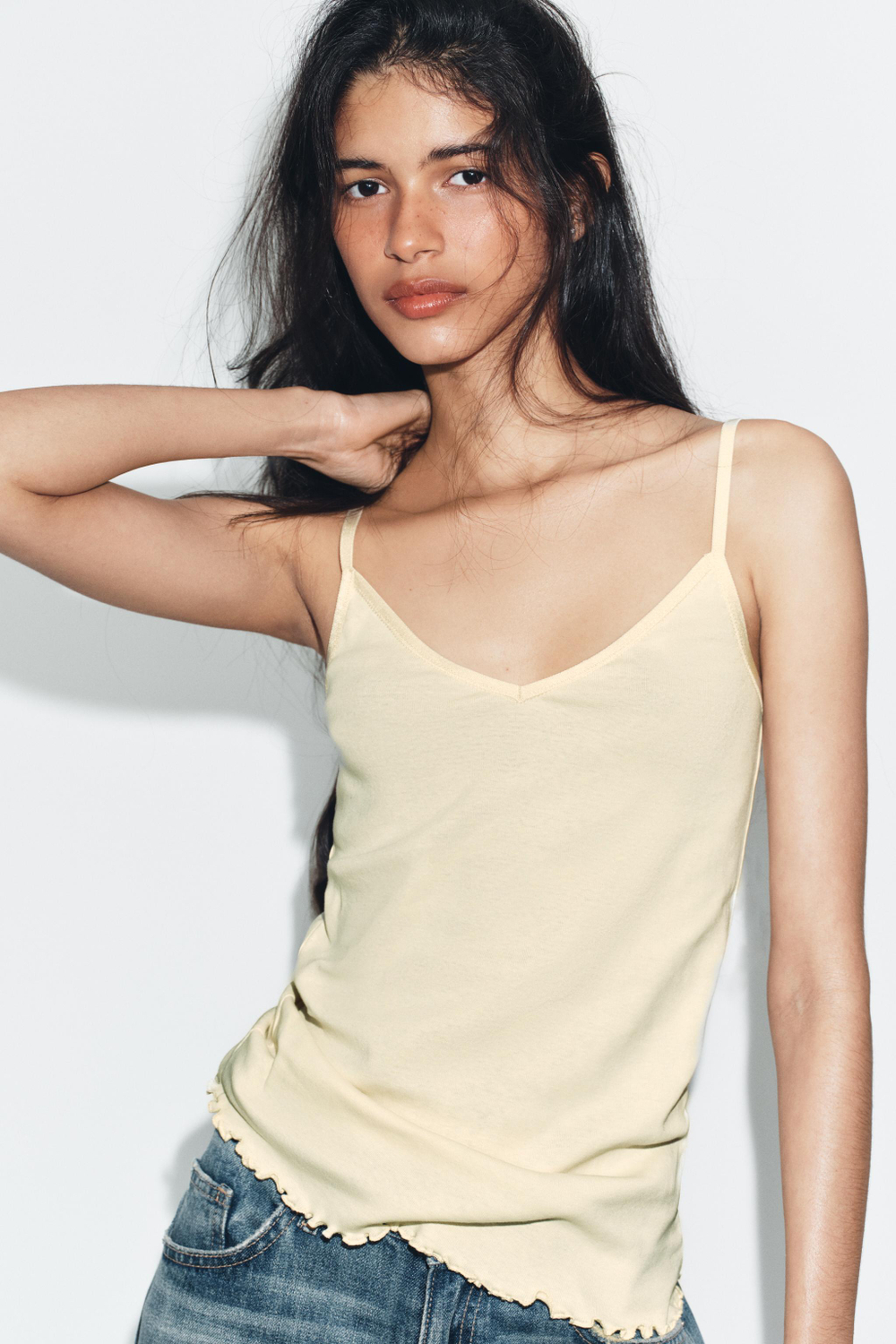 ZARA ХЛОПКОВАЯ МАЙКА НА БРЕТЕЛЯХ, ПАСТЕЛЬНО-ЖЕЛТЫЙ