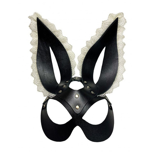 Кожаная черная маска Зайка с бежевым кружевом на ушках БДСМ Арсенал 68016