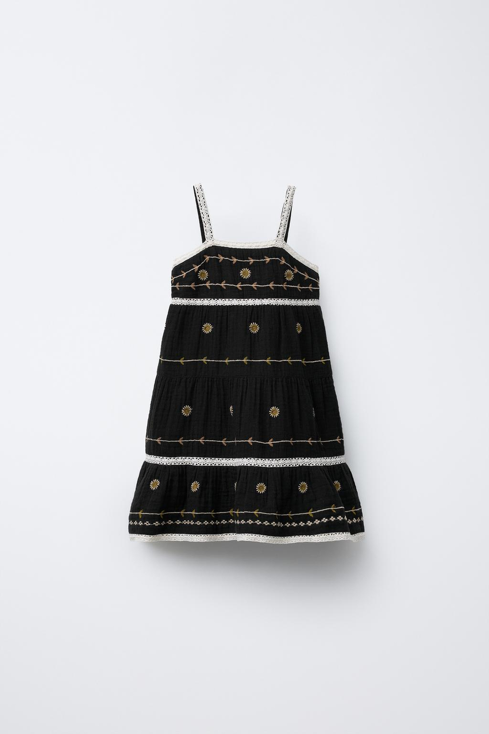 ZARA ПЛАТЬЕ ИЗ РЕЛЬЕФНОЙ ТКАНИ С ЦВЕТОЧНОЙ ВЫШИВКОЙ, ЧЕРНЫЙ