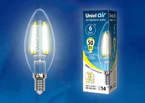 LED-C35-6W/WW/E14/CL GLA01TR Лампа светодиодная. Форма свеча, прозрачная. Серия Air. Теплый белый свет (3000K). Картон. ТМ Uniel