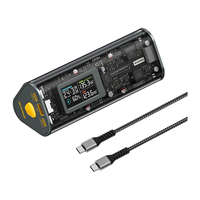 Внешний аккумулятор SHARGE Shargeek 170 (24000 мА·ч) Проводная зарядка: 2 USB-C, USB-A. Беспроводная зарядка: нет. Есть дисплей, поддержка PD 3.1, QC 4, AFC, SCP и FCP. Энергоёмкость — 86,4 Вт·ч. Максимальная выходная мощность — 140 Вт