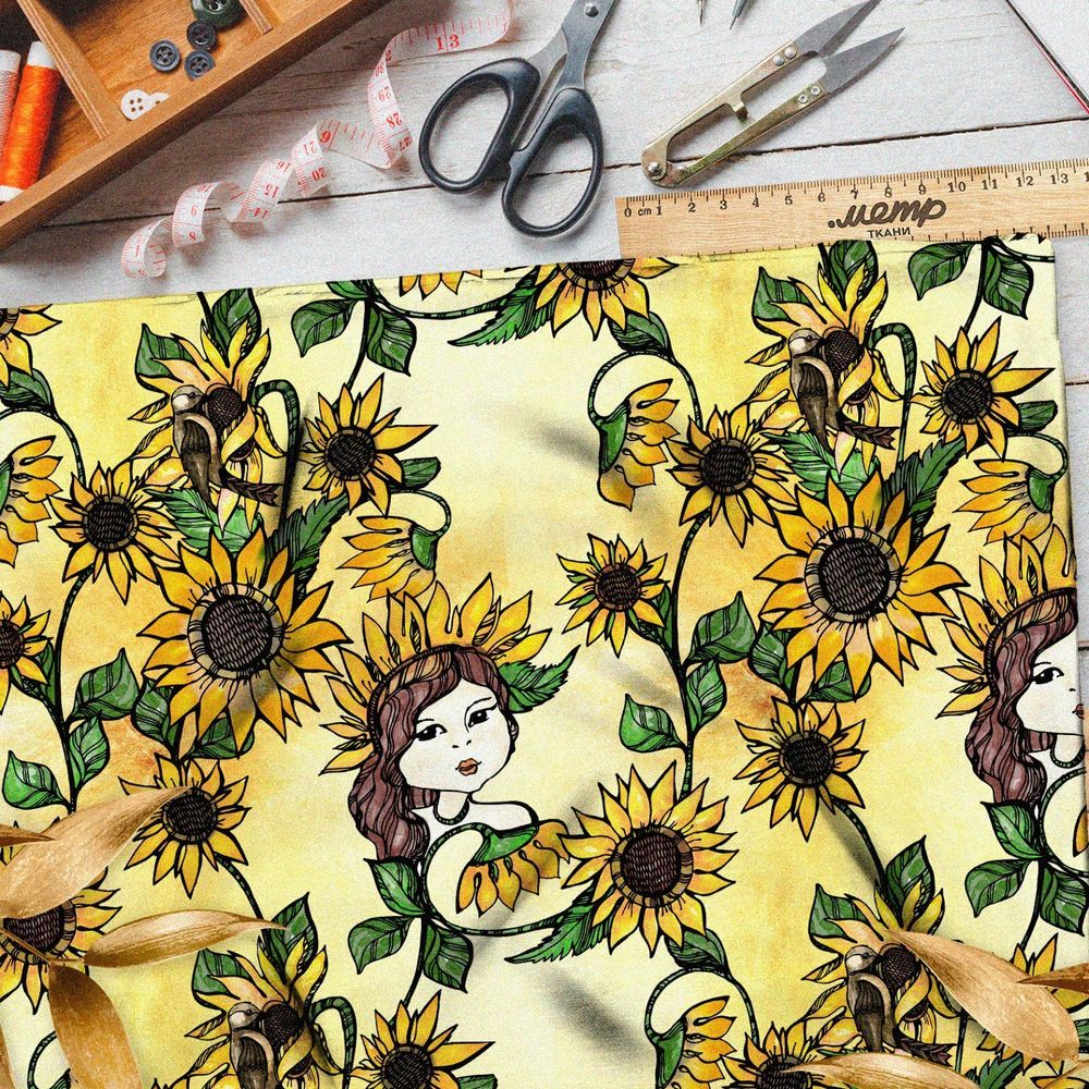Ткань шифон девушка в подсолнухах