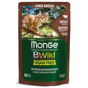 Влажный корм Monge Cat BWild GRAIN FREE для котят и кошек крупных пород, из мяса буйвола с овощами, паучи 85 г