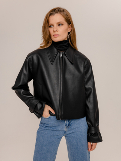 Жакет укороченный из экокожи черный