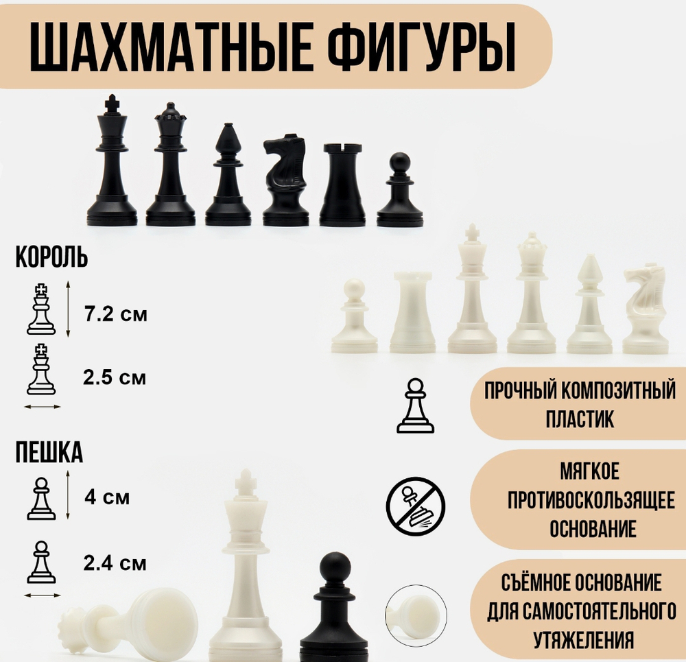 Шахматные фигуры классические, пластик, король 7.2 см, пешка 4 см