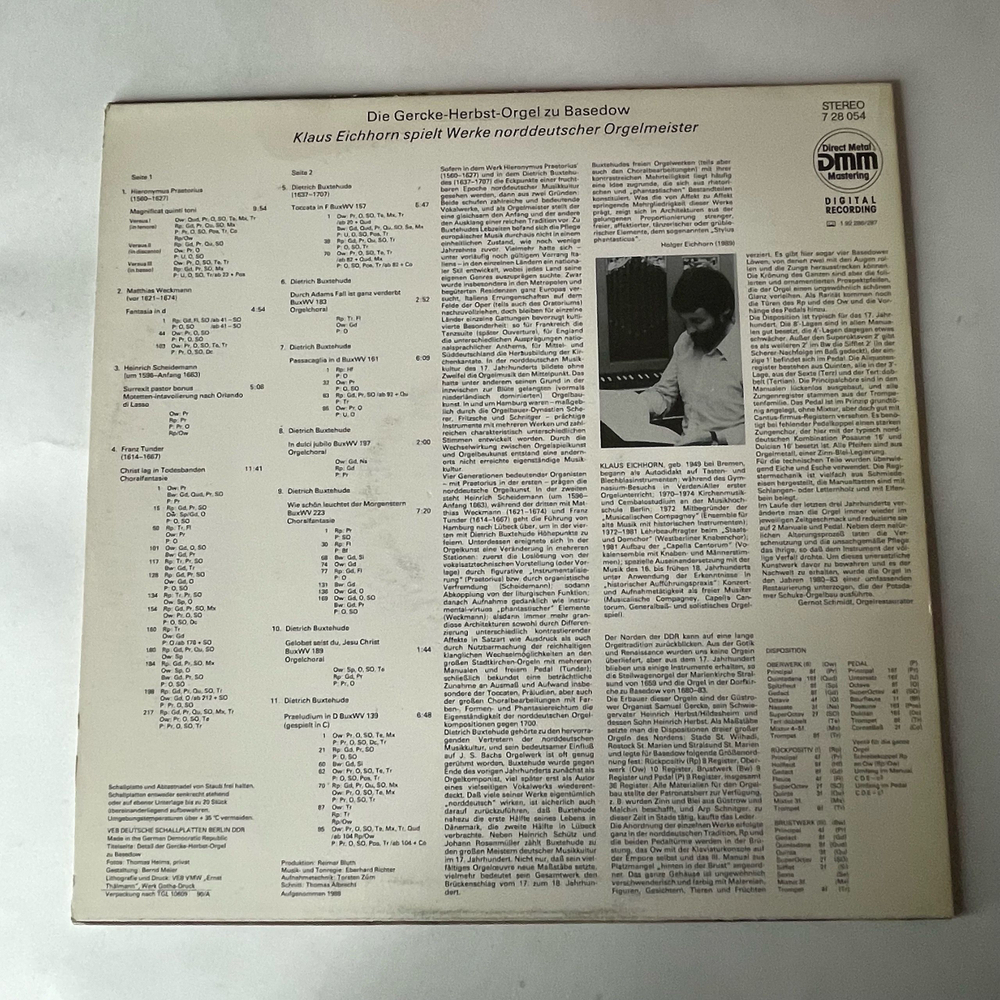 Винтажная виниловая пластинка LP Klaus Eichhorn, Die Gercke Herbst Orgel Zu Basedow Органная Музыка (ГДР 1978)