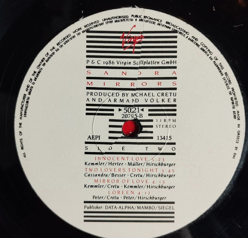 Винтажная виниловая пластинка LP Sandra Mirrors (Greece 1986)