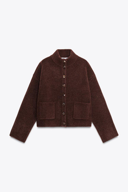 ZARA КАРДИГАН С ВОРОТНИКОМ-СТОЙКОЙ, КОРИЧНЕВЫЙ