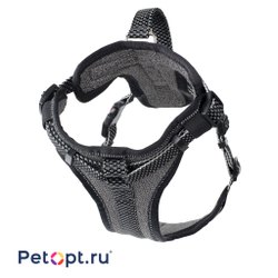 PetOpt Шлейка с ручкой для собак светоотражающая , черно-серая, нейлоновая . Регулировки на груди и спине , светоотражающие нити по всей ширине лямок