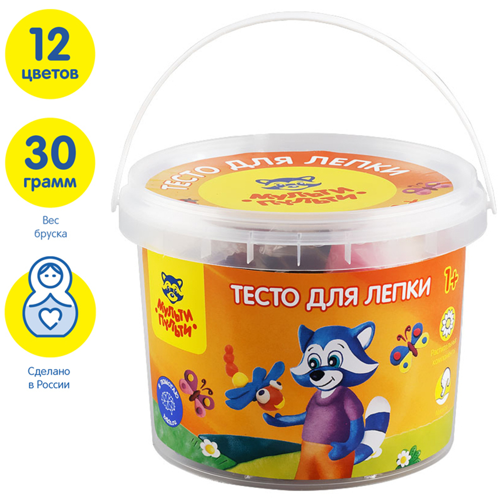 Тесто для лепки Мульти-Пульти "Енот в деревне", 12 цветов*30г, пластиковое ведро