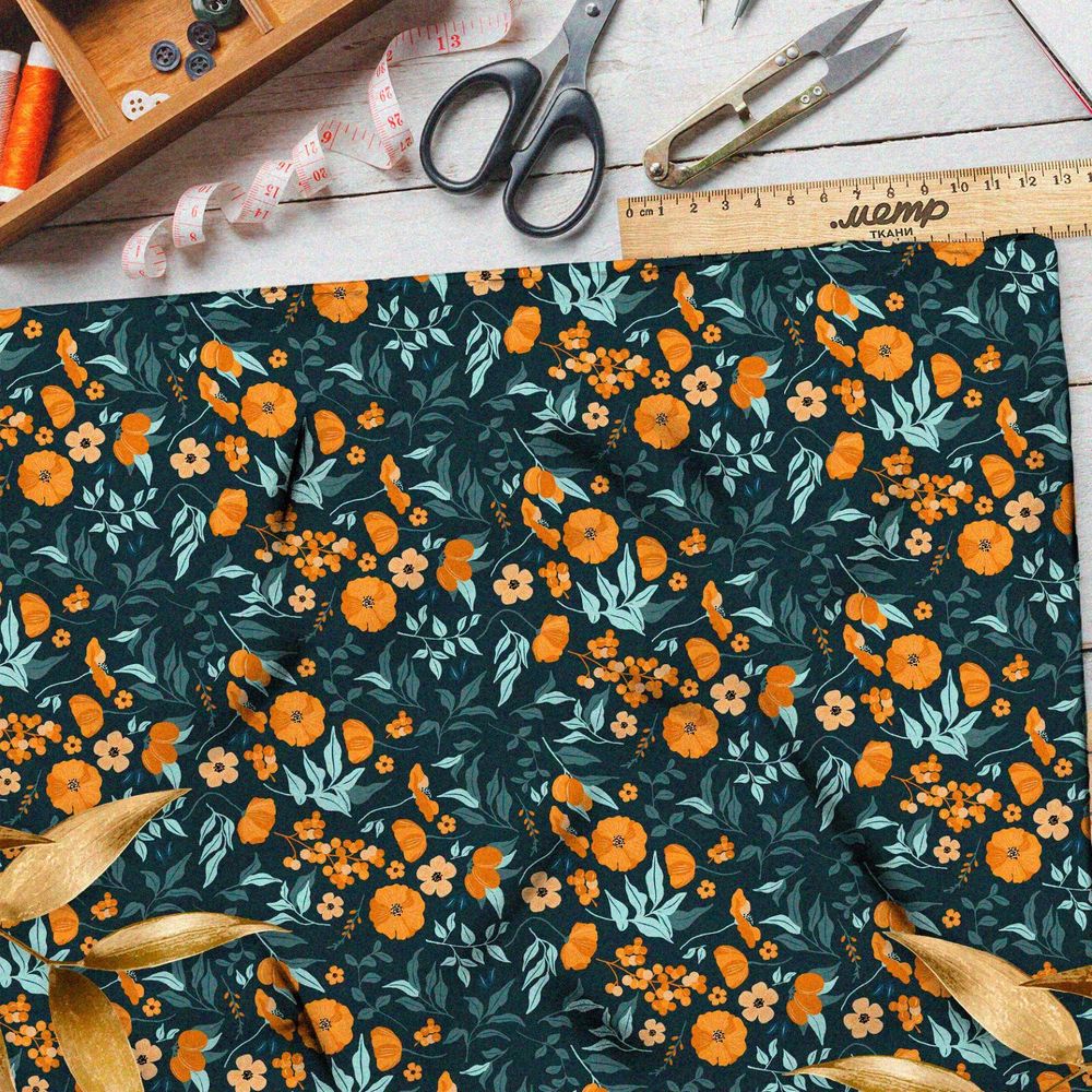 Ткань шифон выцвевшие оранжевые цветы и зелень