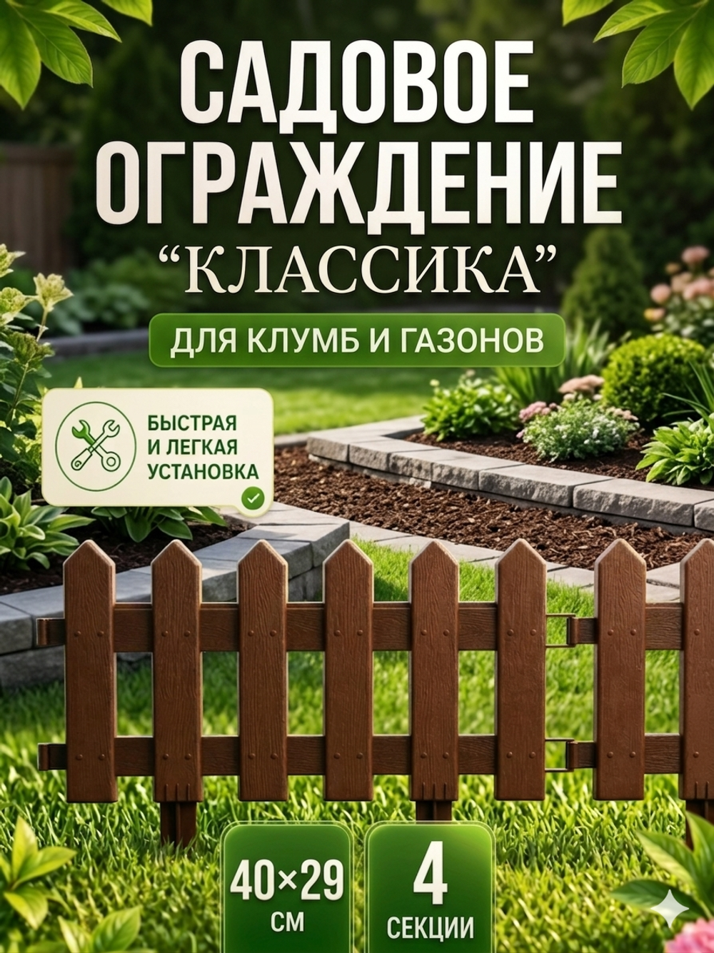 Садовое ограждение «Классика» (набор 4 шт) (1 секция 40*29 см), Коричневый