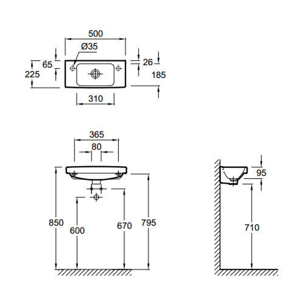Рукомойник Jacob Delafon Odeon Up 50x22,5 E4701R, смеситель справа, схема