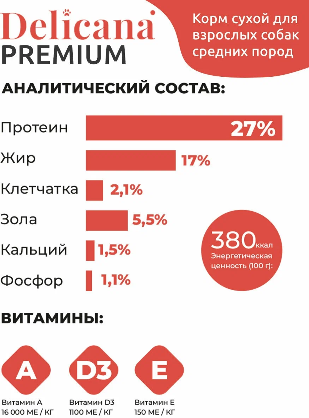 Cухой полнорационный корм для взрослых собак средних пород говядина Delicana 15кг
