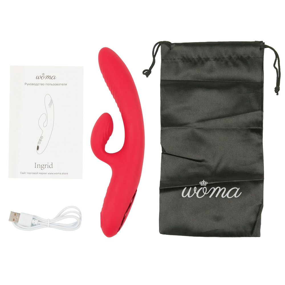 Красный тройной вибратор-кролик Ingrid с вакуумной стимуляцией и нагревом - 22,5 см. (Цвет: красный)