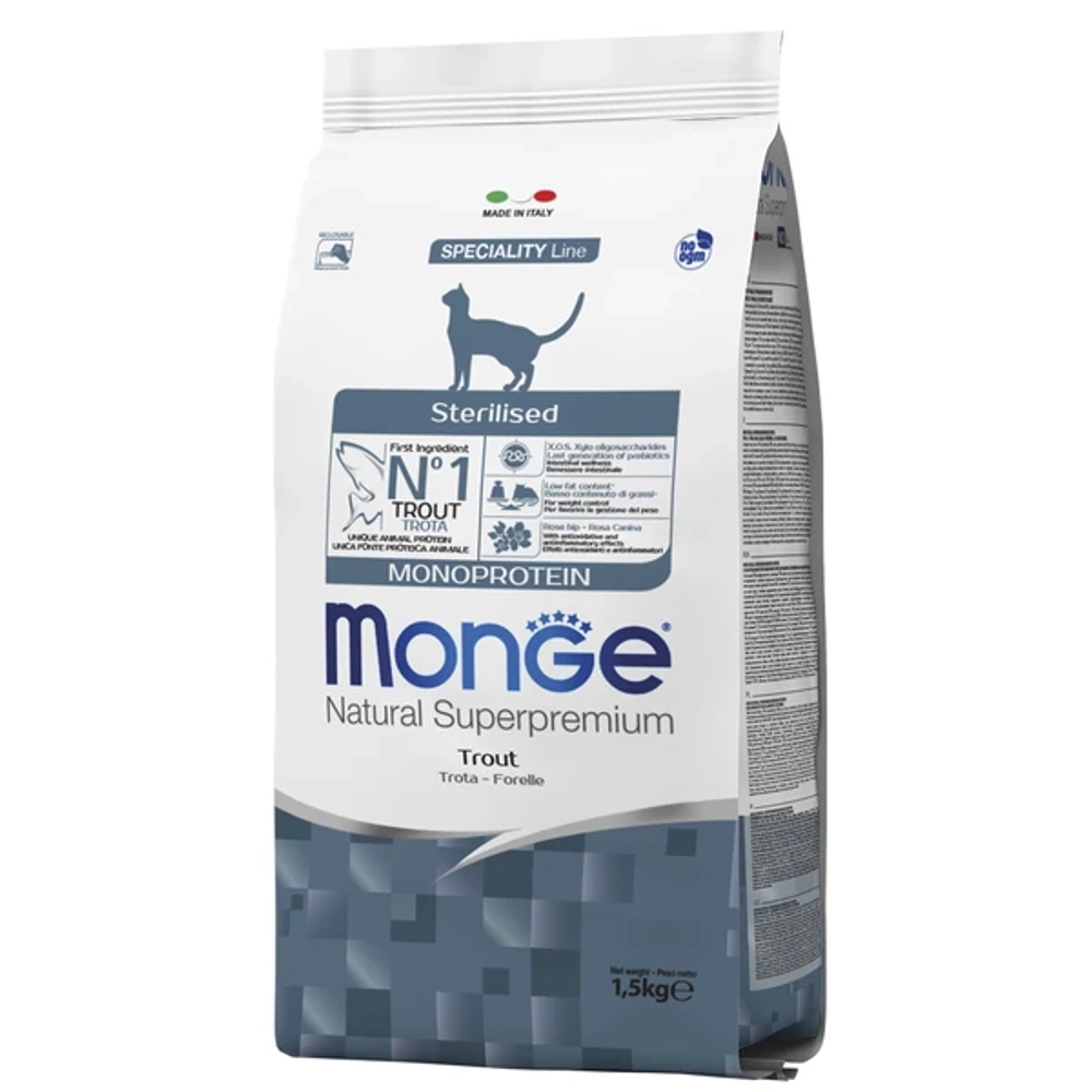 Сухой корм Monge Cat Speciality Line Monoprotein Sterilised для стерилизованных кошек/кастрированных котов, из форели 1,5 кг