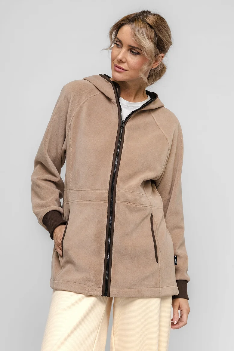 Куртка удлинённая с капюшоном, женская, ткань Джерси-Флис