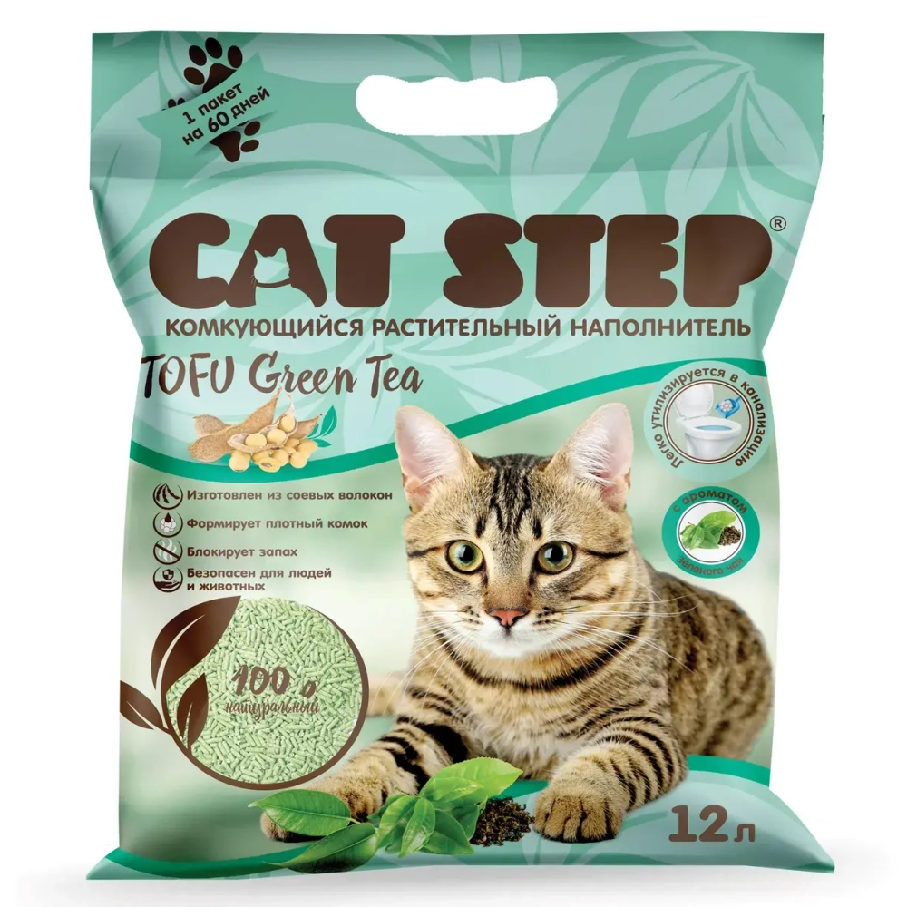 Наполнитель растительный комкующийся Cat Step Tofu Green Tea 5,62кг*12л