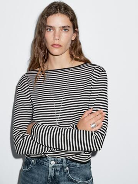 Massimo Dutti Свитер в полоску с длинными рукавами, черный