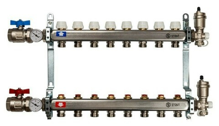 Коллектор Stout 1"x3/4" 8 контуров для радиаторного отопления из нержавеющей стали SMS-0912-000008