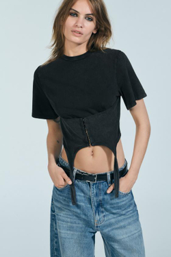 ZARA ТОП-КОРСЕТ ИЗ ТКАНИ С ЭФФЕКТОМ ПОТЕРТОСТИ, АНТРАЦИТОВО-СЕРЫЙ