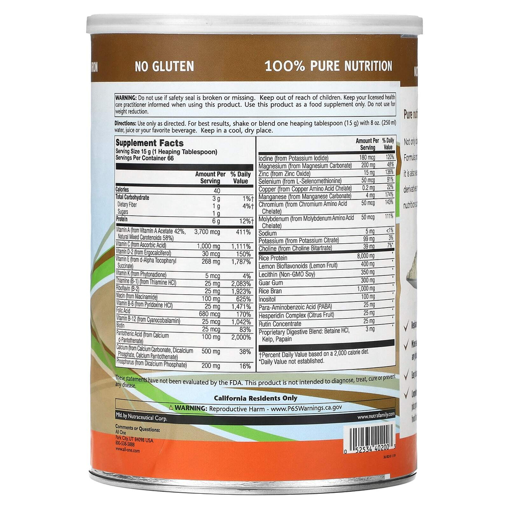 All One, Nutritech, Rice Base, мультивитаминный комплекс из витаминов и минералов, в порошке, без добавок, 1000 г (2,2 фунта)
