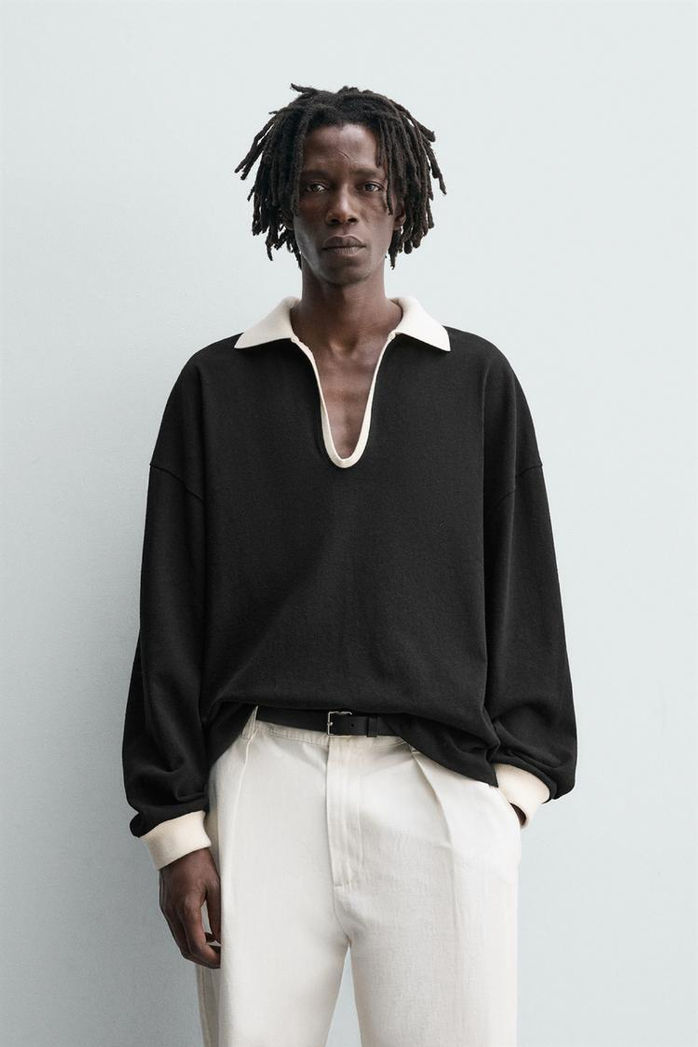 ZARA ПОЛО ИЗ ХЛОПКА И КОНОПЛИ, ЧЕРНЫЙ