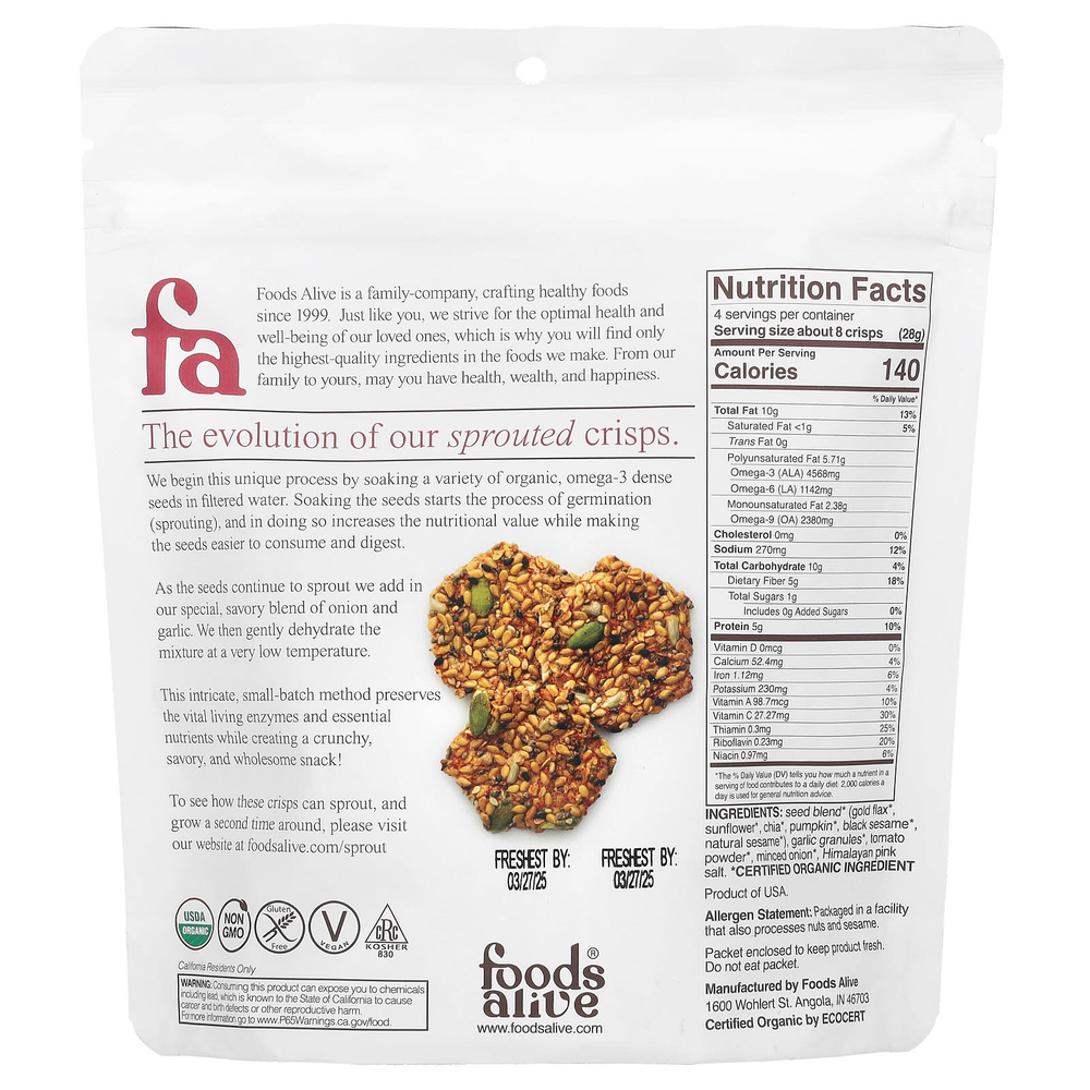 Foods Alive, Хрустящие чипсы, лук и чеснок, 113 г (4 унции)