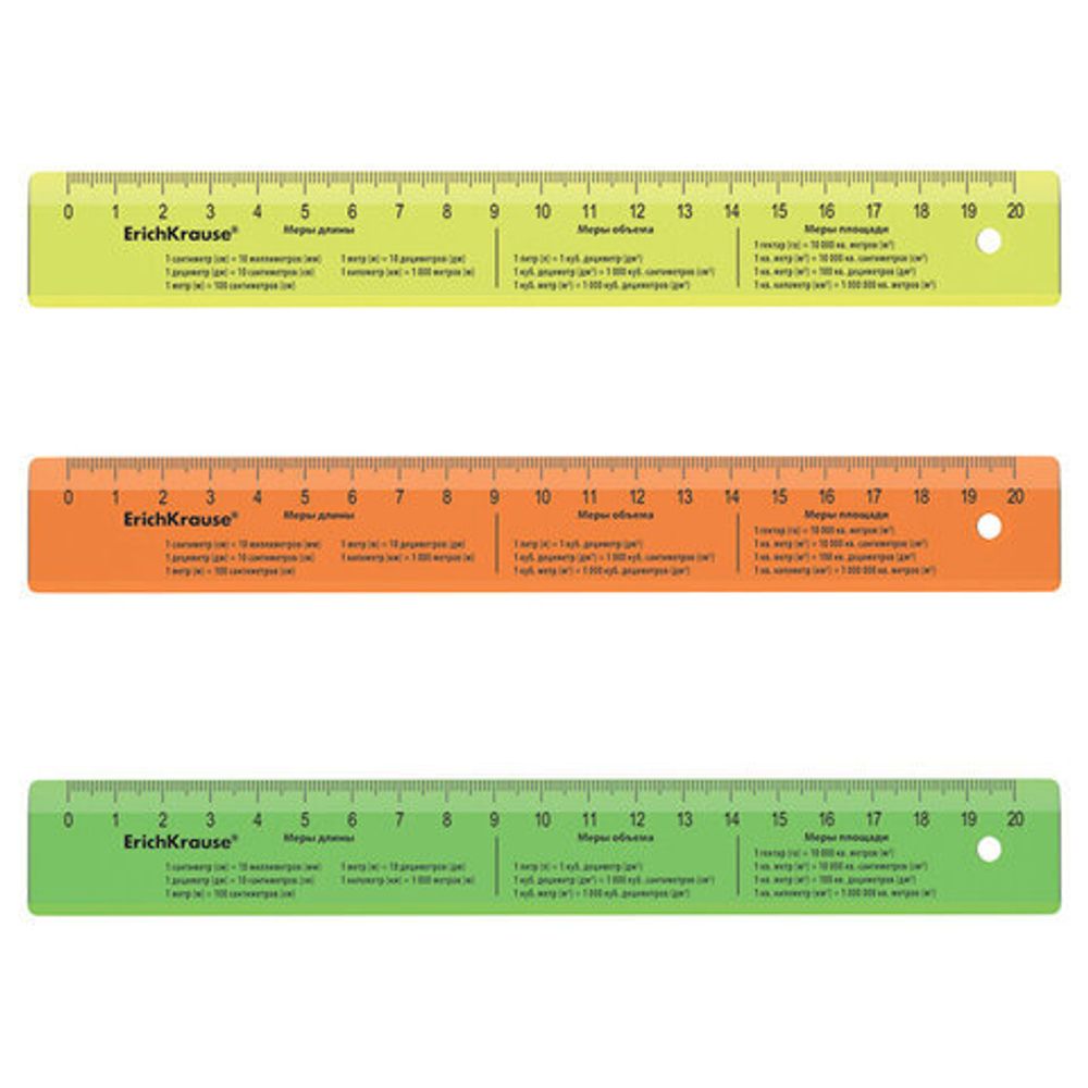 Линейка пластиковая 20 см, ERICH KRAUSE "NEON", с единицами измерения, ассорти, 55502