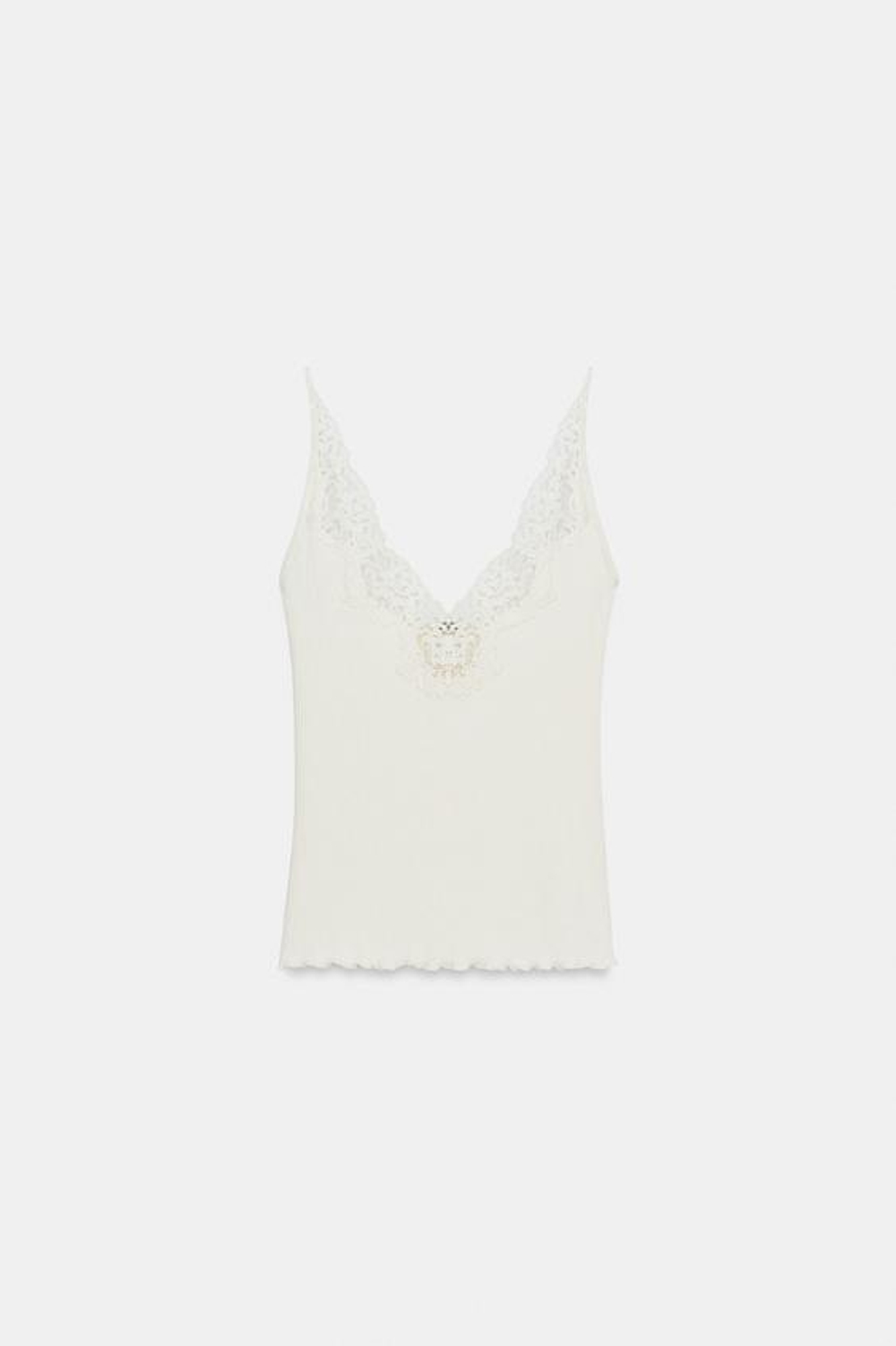ZARA ТОП В РУБЧИК С КРУЖЕВОМ, ЭКРЮ