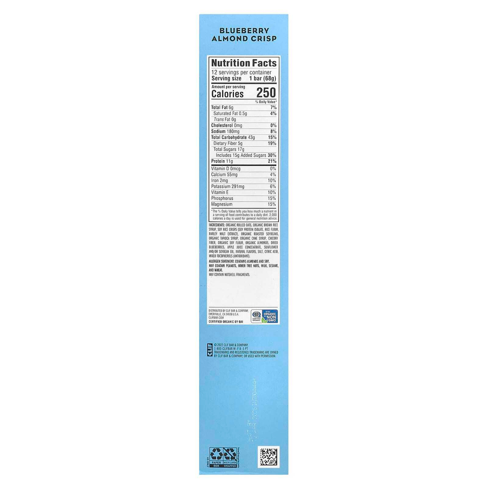Clif Bar, Energy Bar, хрустящие батончики с черникой и миндалем, 12 батончиков, 68 г (2,40 унции)