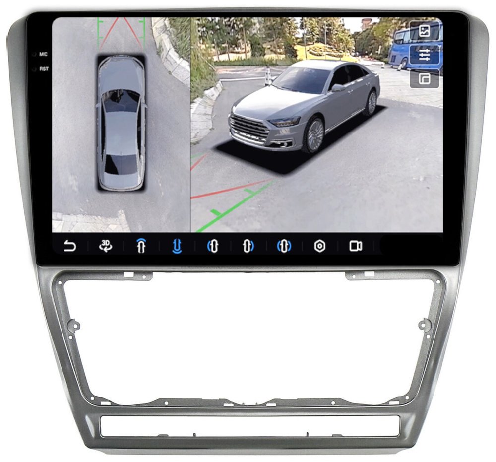 Магнитола для Skoda Octavia A5 2004-2013 (рамка серебро) - FarCar BX005M-360 монитор 10.36" 2K QLED на Android 13, 6Гб+128Гб, CarPlay, 4G SIM-слот, 4 камеры в комплекте