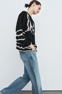 ZARA БЛУЗА С ВЫШИВКОЙ — ZW COLLECTION, ЧЕРНЫЙ/БЕЛЫЙ