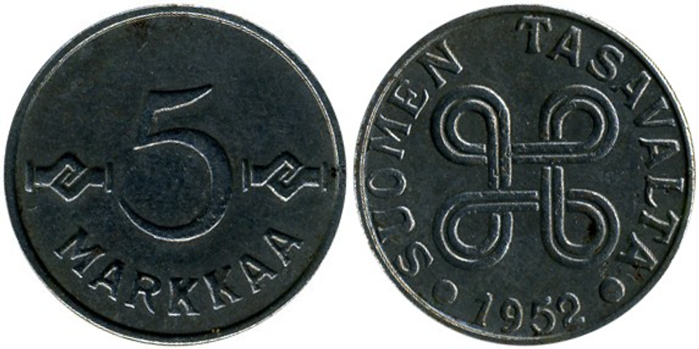 Финляндия 5 марок, 1952 Железо /серый цвет/ VF