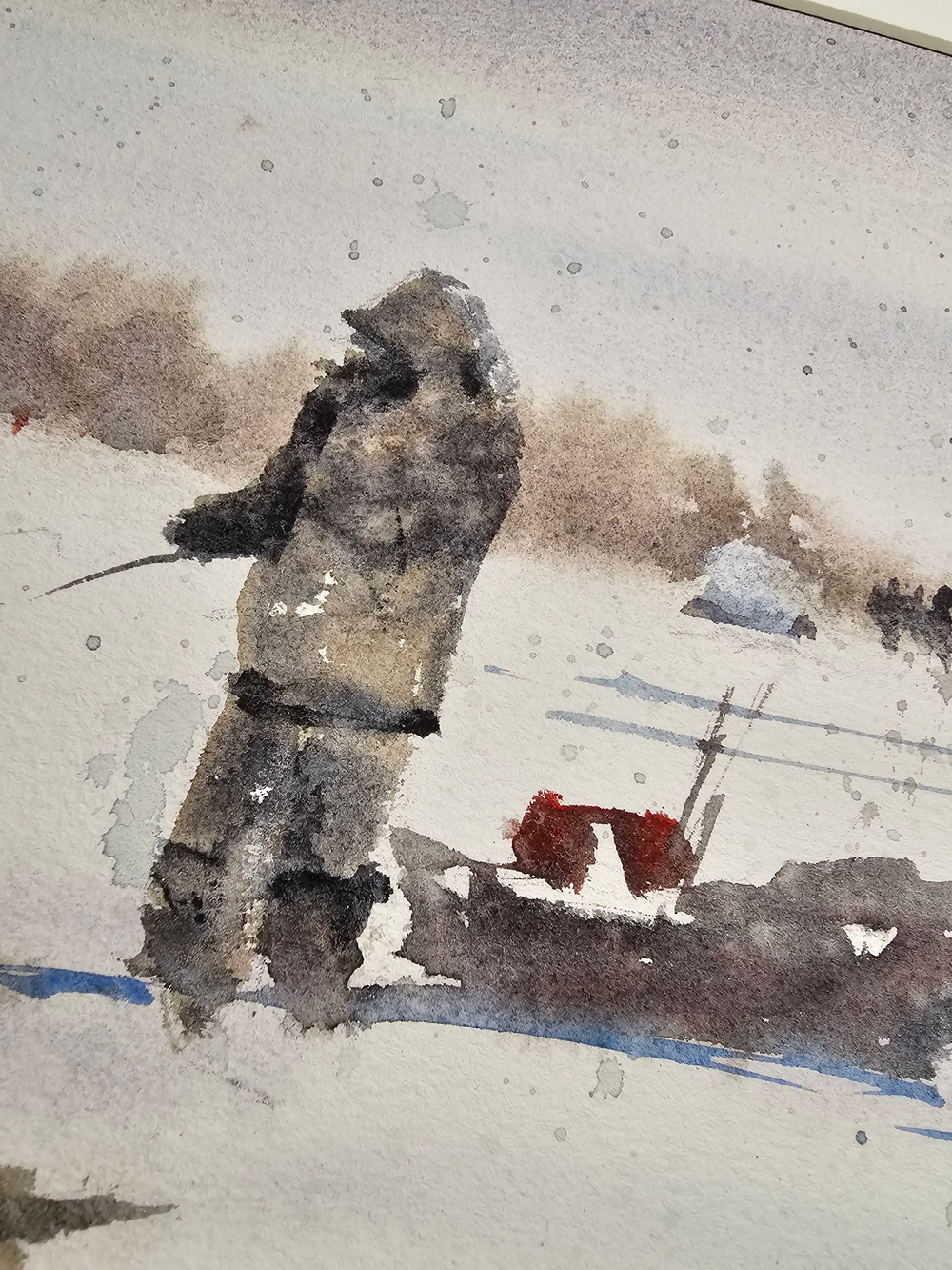 Картина авторская акварельная в паспарту 30х40 см на стену для интерьера "Зимняя рыбалка"