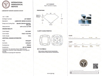 Лабораторно-выращенный бриллиант кушон 6.87 х 6.73 х 4.27 мм FancyVIVID PINK/VVS2 1.69 ct