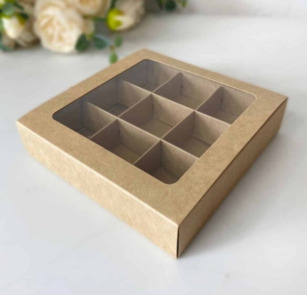 Коробка для 9 конфет с окном КРАФТ 14х14х3 см