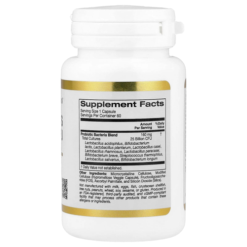 California Gold Nutrition, пробиотики с ацидофильными лактобактериями, бифидобактериями лактис, лактобактериями плантарум и лактобактериями казеи, смесь из 10 штаммов, 25 млрд КОЕ, 60 вегетарианских капсул